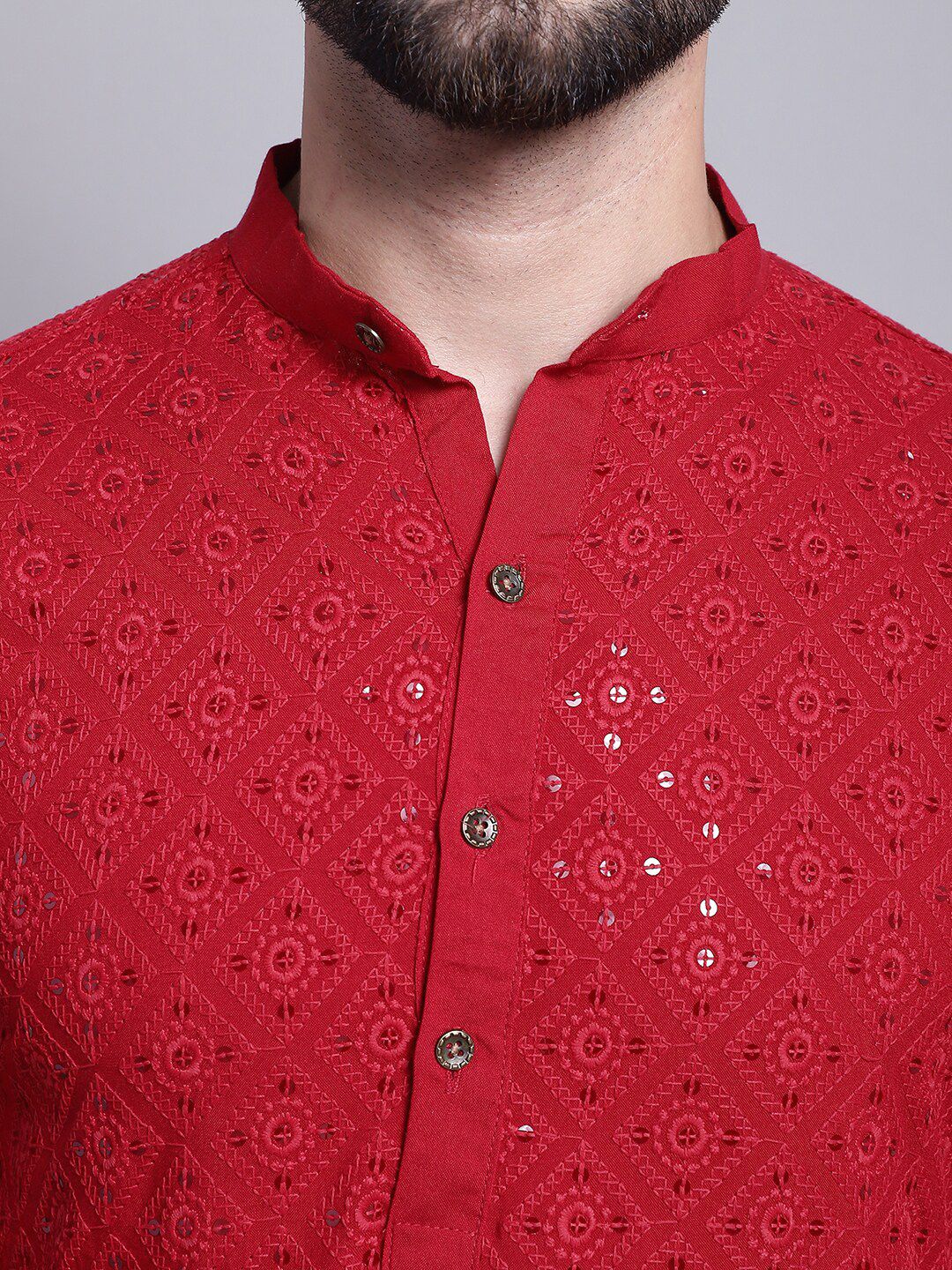 SOJANYA Geometric Embroidered Sequence Mandarin Collar Pure Cotton Kurta