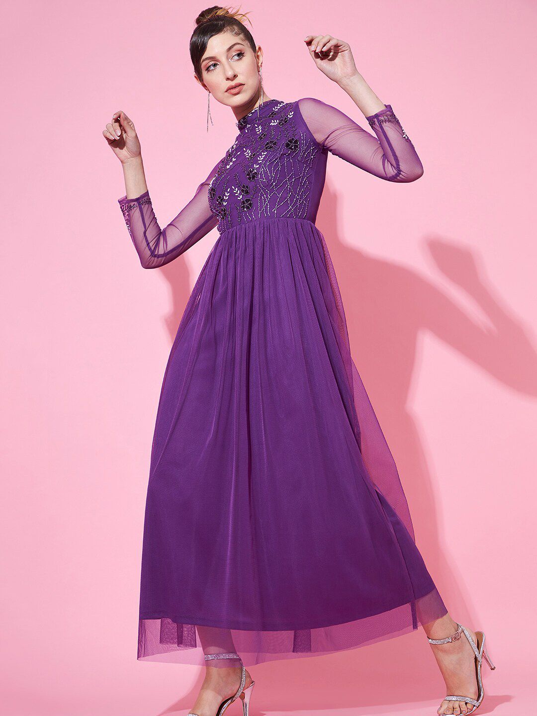 STREET 9 Purple Embellished Net Maxi Maxi Dress