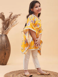 VASTRAMAY Girls Floral Printed Mirror Work Kaftan Kurta With Trousers