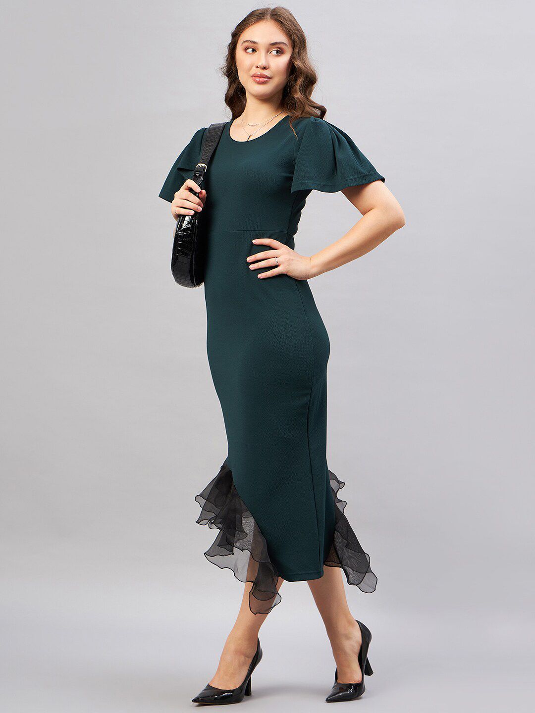Antheaa Green Flared Sleeve Ruffled Bodycon Midi Dress