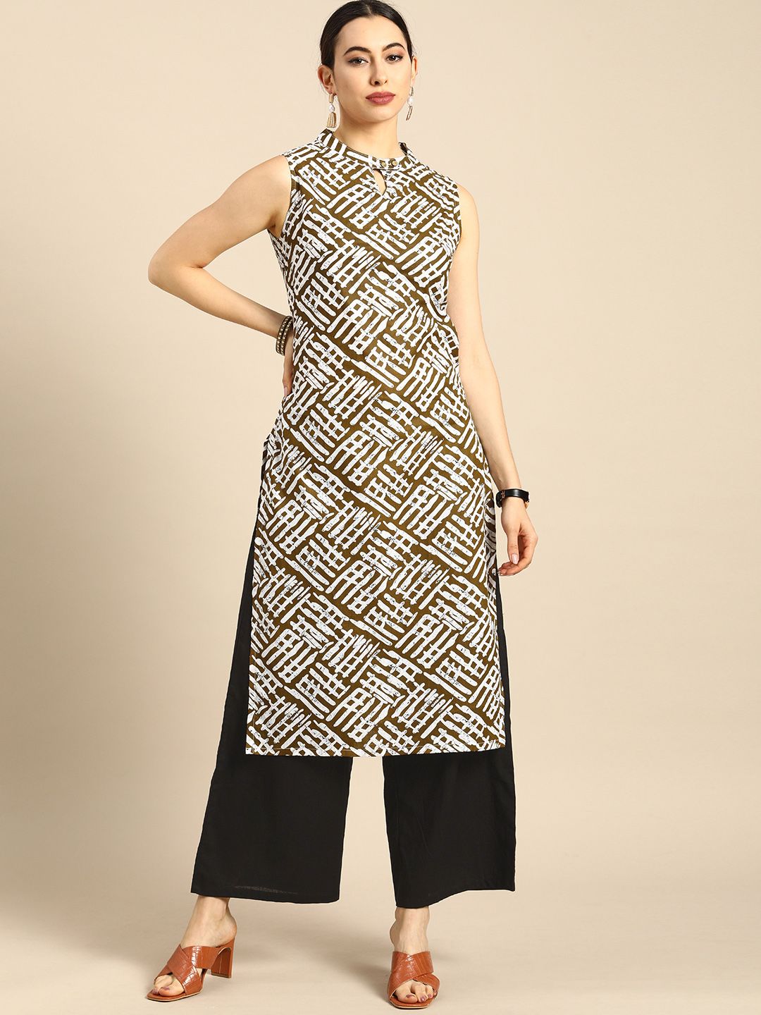 Anouk Women Brown And White Printed Keyhole-Neckline Pure Cotton Kurta with Palazzo