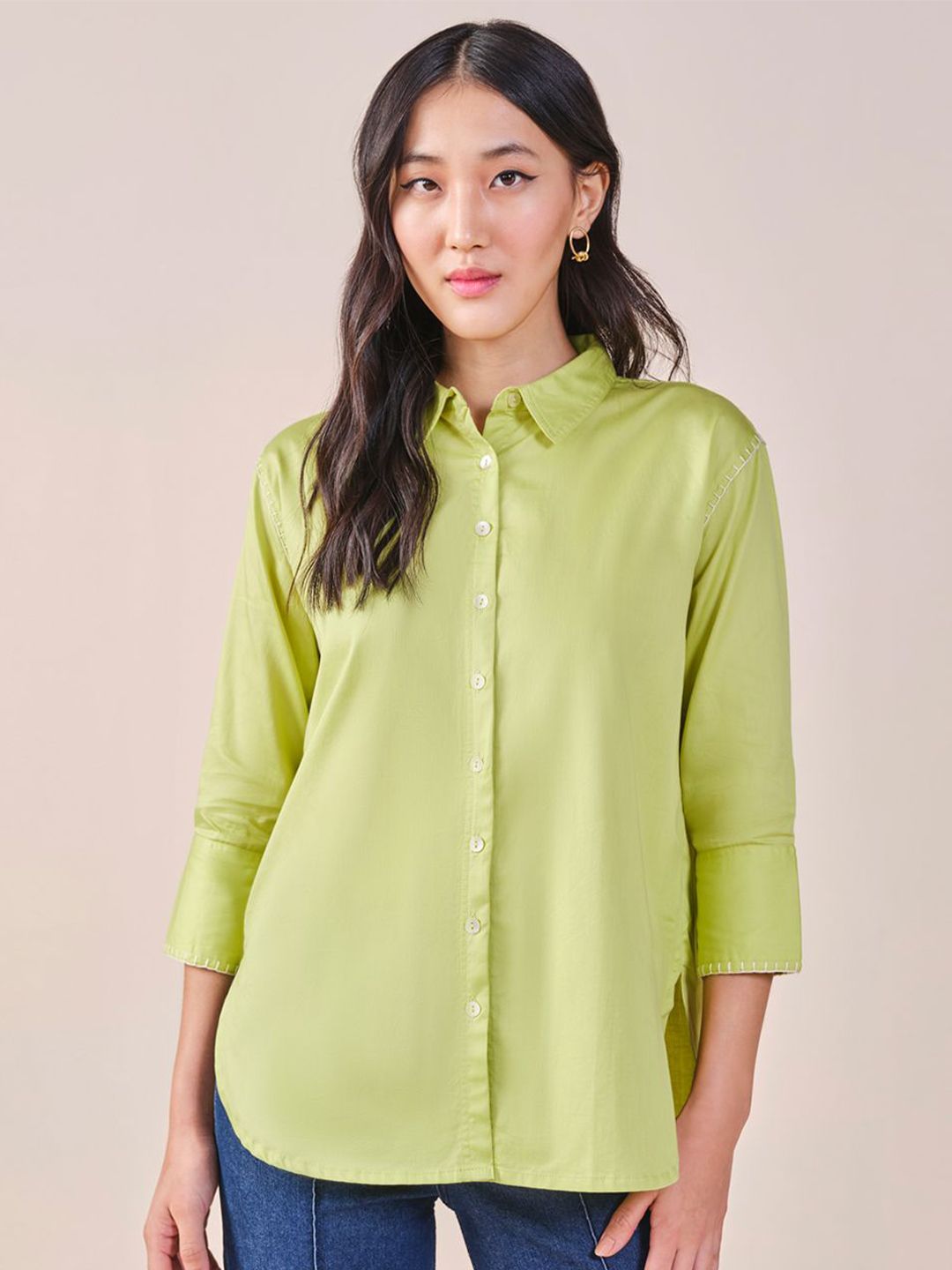 AND pure cotton shirt collar cuffed sleeves shirt Style Top