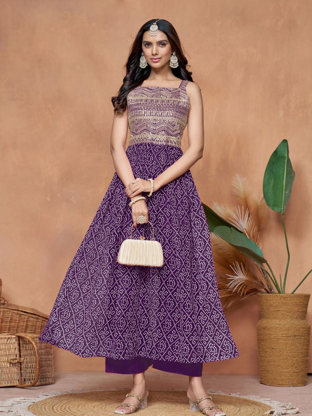 Kalini Georgette Bandhani Printed Square Neck Zari Work Anarkali Kurta