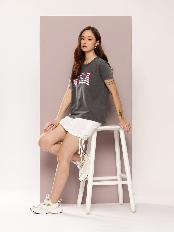 DILLINGER Women's Acid Washed Boxy Fit Varsity Printed Tshirt