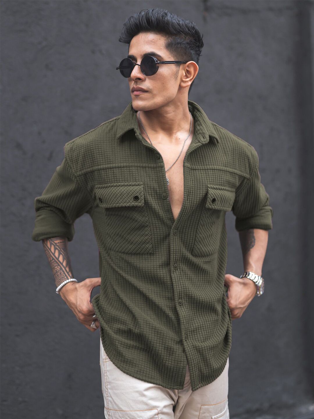 Powerlook Olive Green India Slim Textured Oversized Spread Collar Casual Shirt