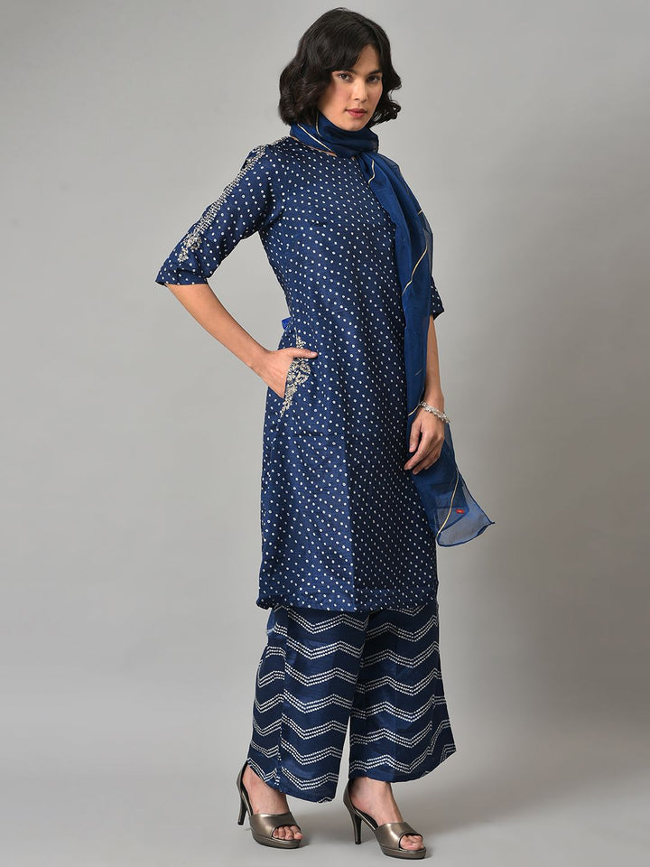 W Festive Bandhani Print Silk Kurta With Palazzos & Dupatta