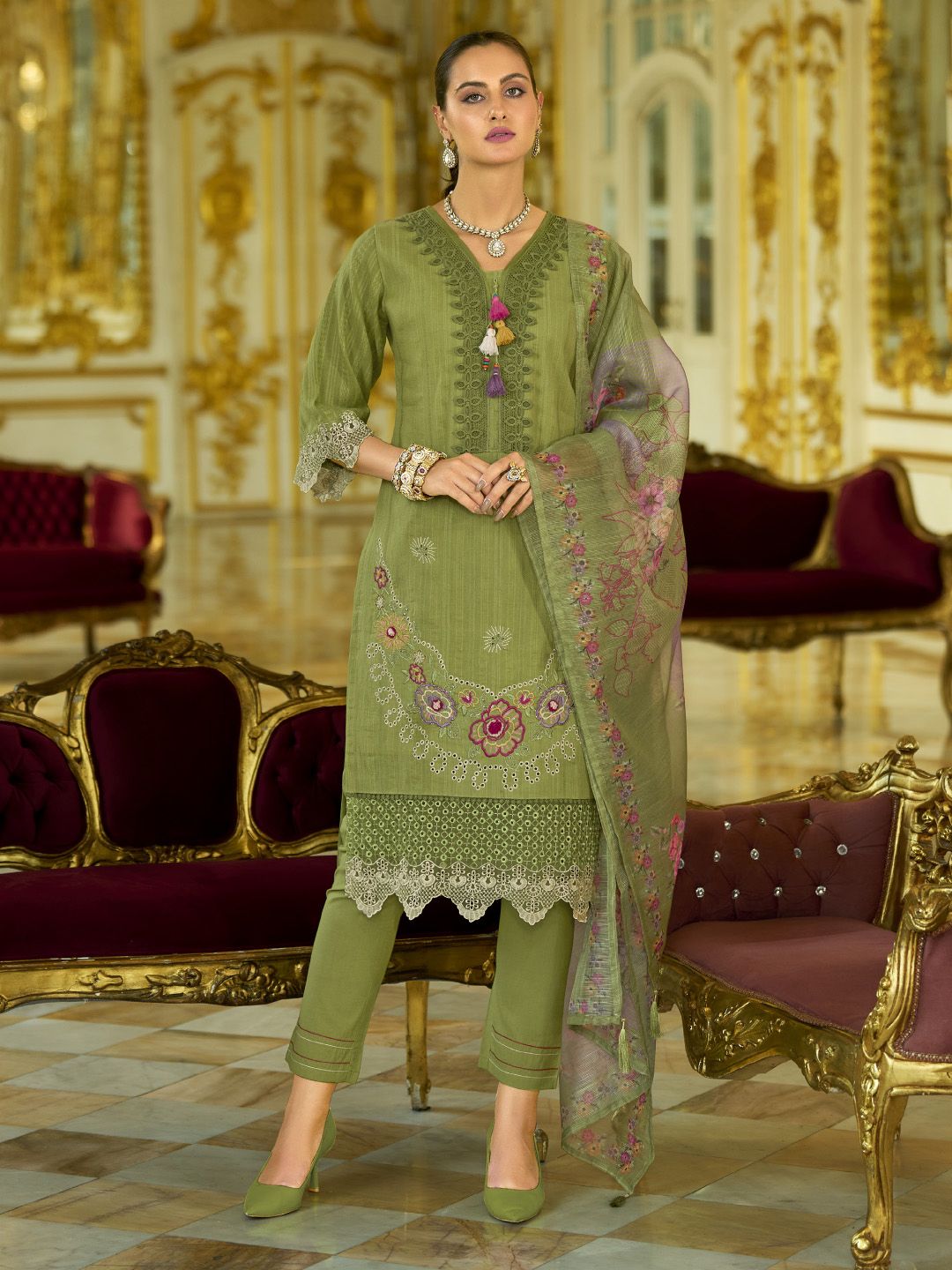 Varanga Nazrana Floral Thread Embroidered Schiffli Orangza Lace Kurta Trouser & Dupatta