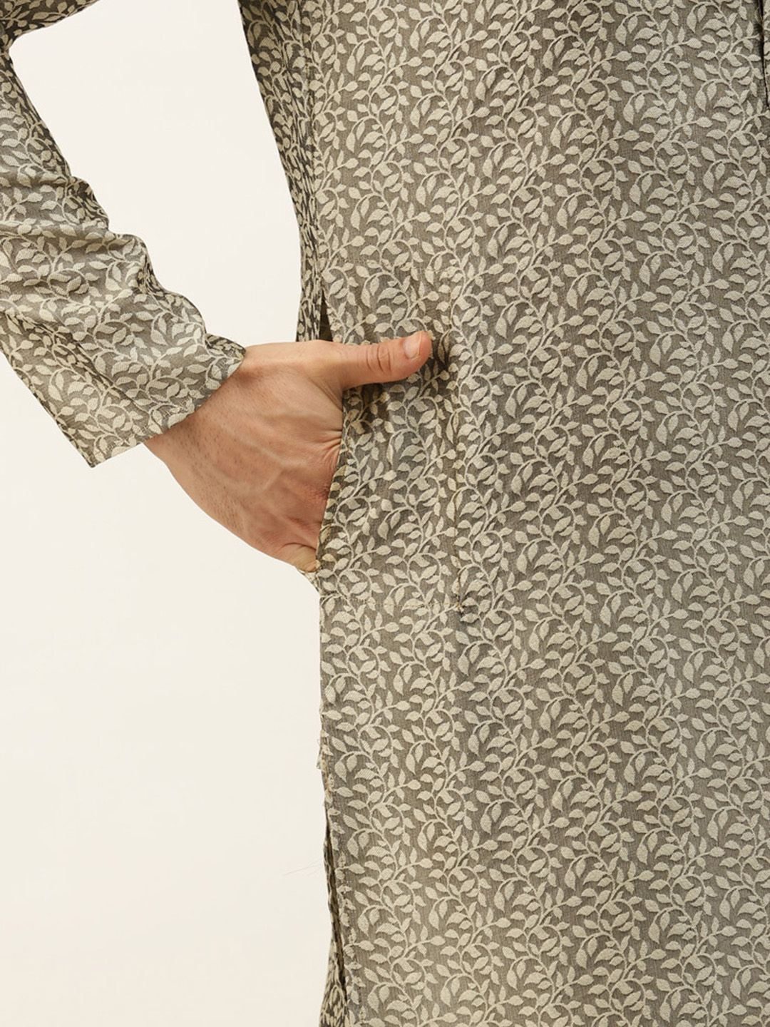 SOJANYA Men Beige Jacquard Silk Kurta with Churidar & Nehru Jacket