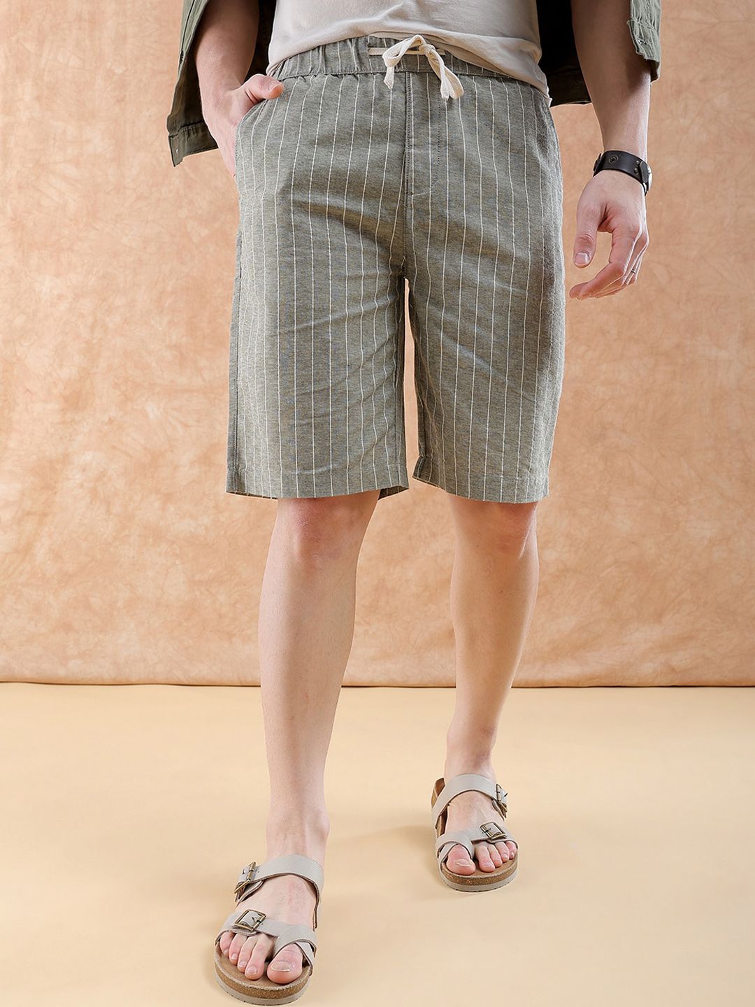 The Indian Garage Co Men Olive Green Striped Relaxed Fit  Shorts