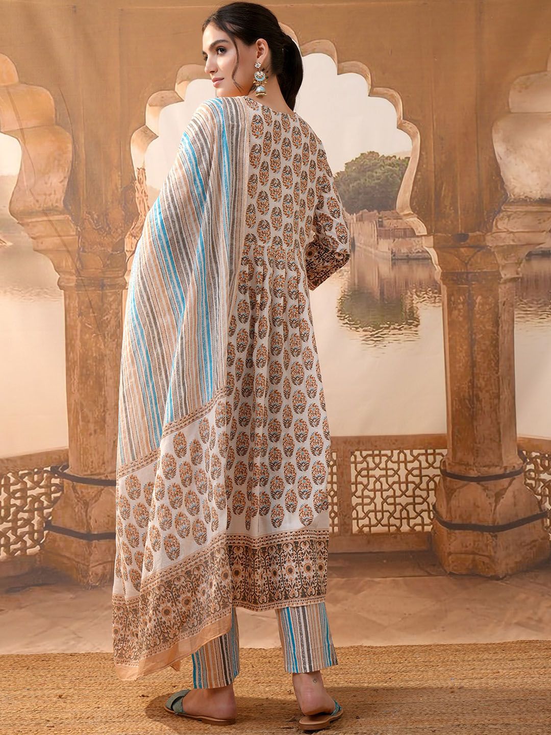 Vishudh Brown Ethnic Motifs Printed Pure Cotton Anarkali Kurta With Trousers & Dupatta