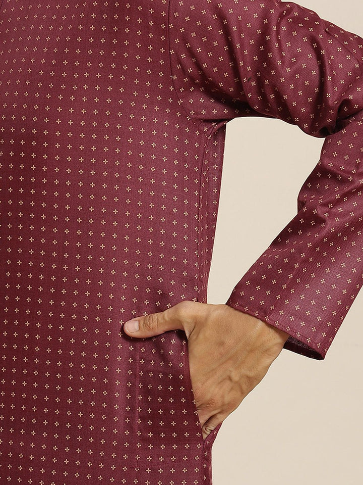 SOJANYA Lelaki Maroon & Berwarna Krim Cetakan Geometrik Kapas Linen Kurta Lurus