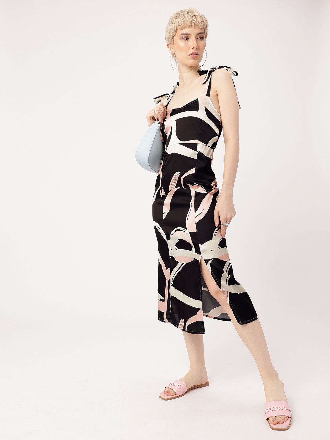 DressBerry Playful Chic Satin Finish Printed Side Slit A-Line Midi Dress