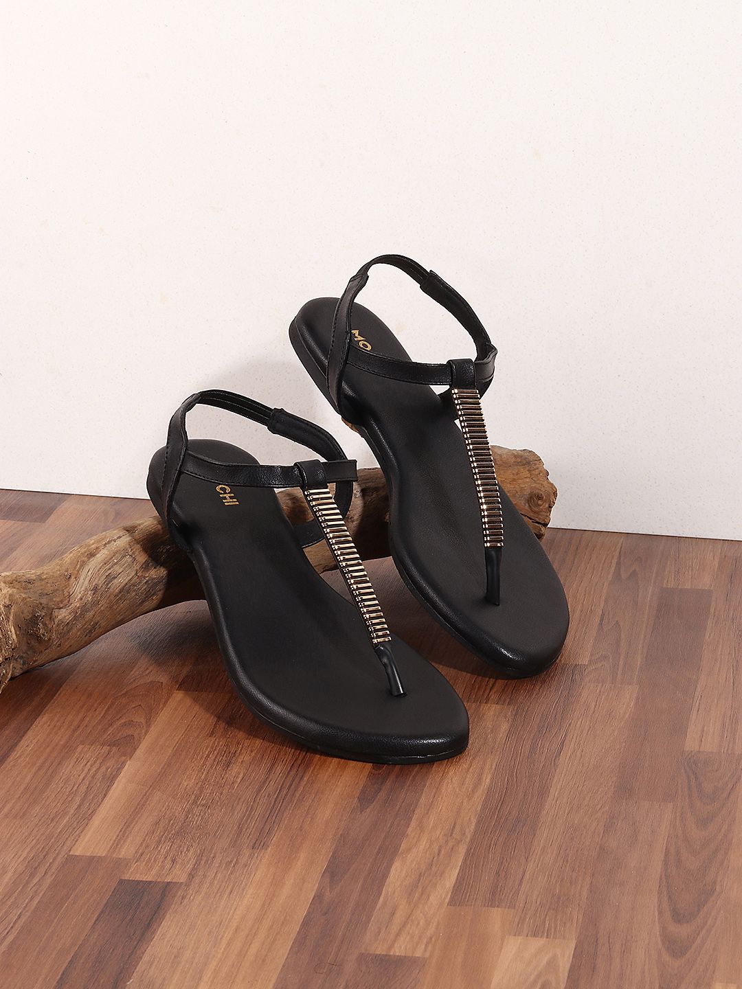 Mochi Women Black Embellished T-Strap Flats