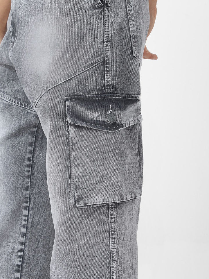 Urbano Fashion Men Ice Grey Loose Fit Cargo Jeans With 7 Pockets Non-Stretchable