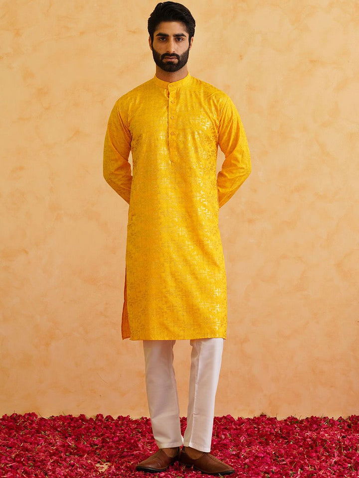 SOJANYA Mandarin Collar Long Sleeves Woven Design Pure Cotton Kurta with Churidar