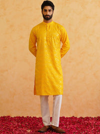 SOJANYA Mandarin Collar Long Sleeves Woven Design Pure Cotton Kurta with Churidar