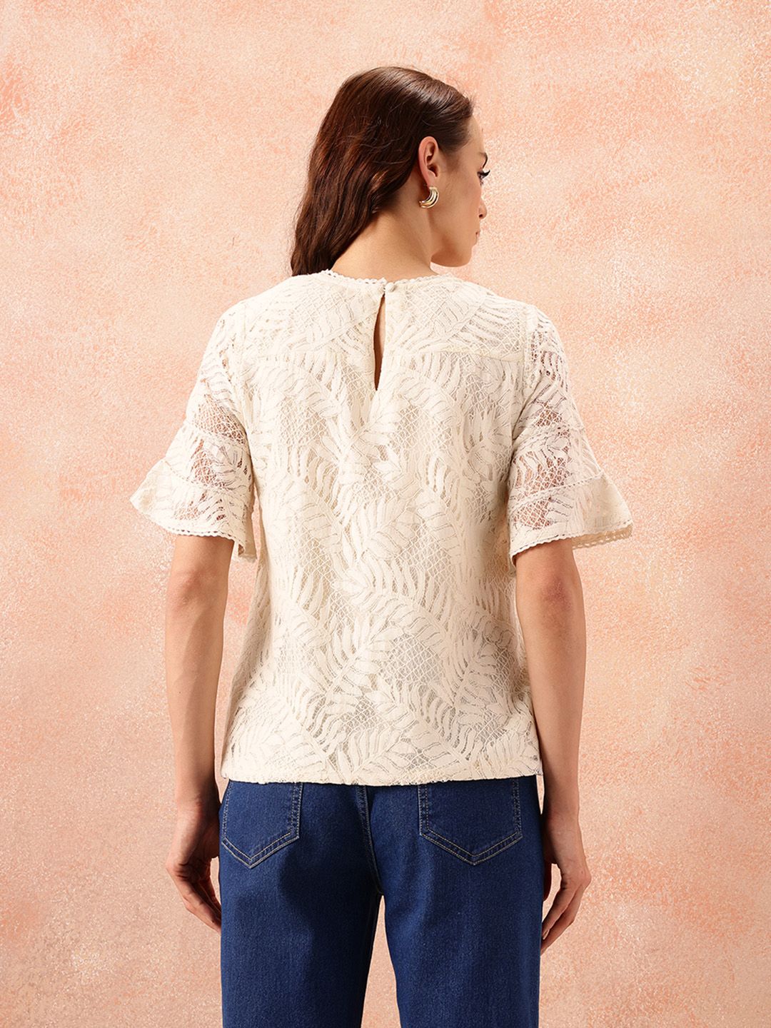all about you Self Design Lace Up Bell Sleeve Top