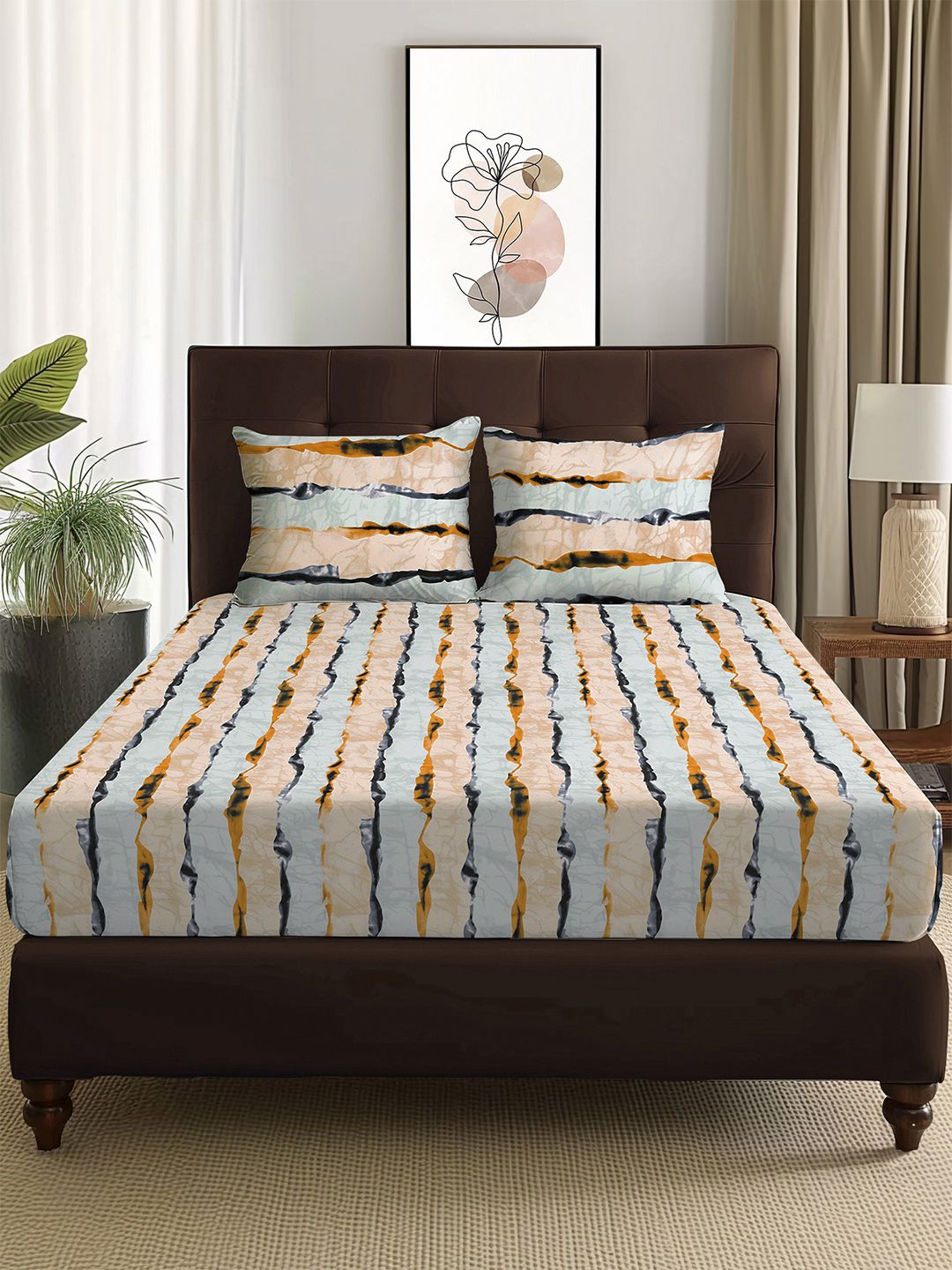 Story@home Arena Cream-Coloured & Grey Printed 180 TC Queen Bedsheet & 2 Pillow Covers