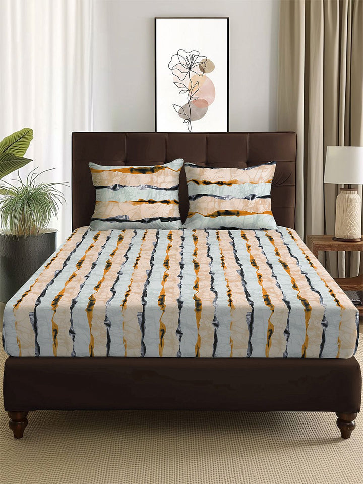 Story@home Arena Cream-Coloured & Grey Printed 180 TC Queen Bedsheet & 2 Pillow Covers