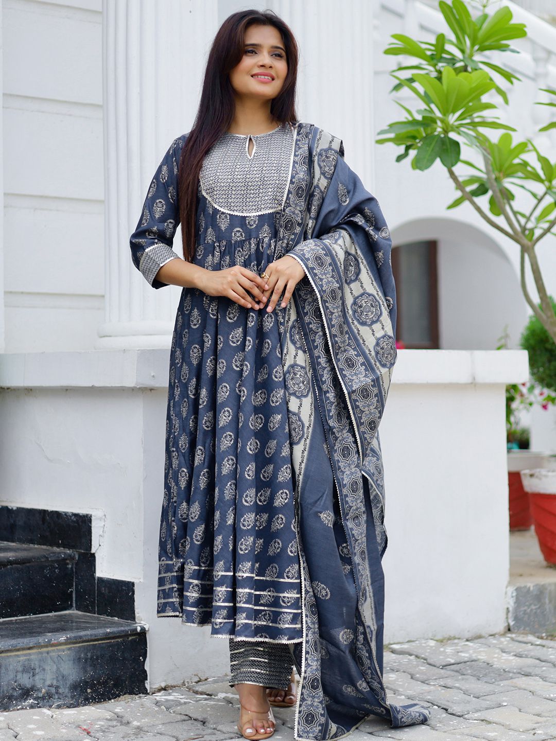Libas Floral Printed Pleated Gotta Patti Kurta with Palazzos & Dupatta