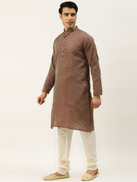 SOJANYA Men Maroon Woven Design Kurta with Churidar & Nehru Jacket