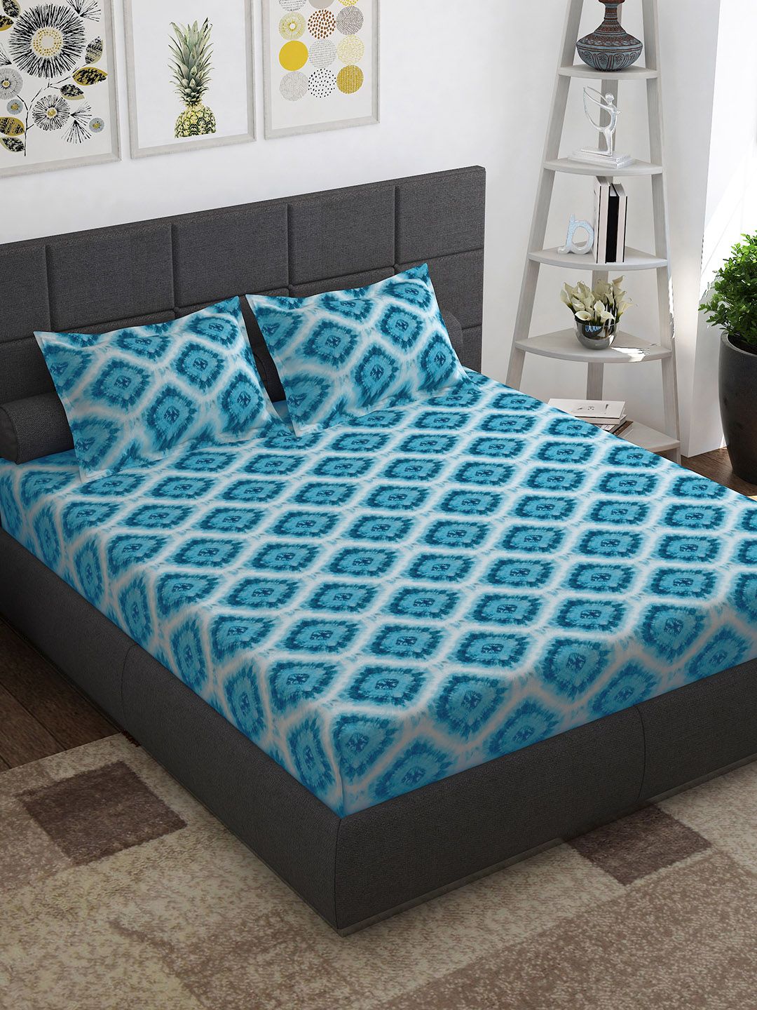 Story@home Blue Pink Ethnic Motifs Pure Cotton 152TC Queen Bedsheet With 2 Pillow Covers
