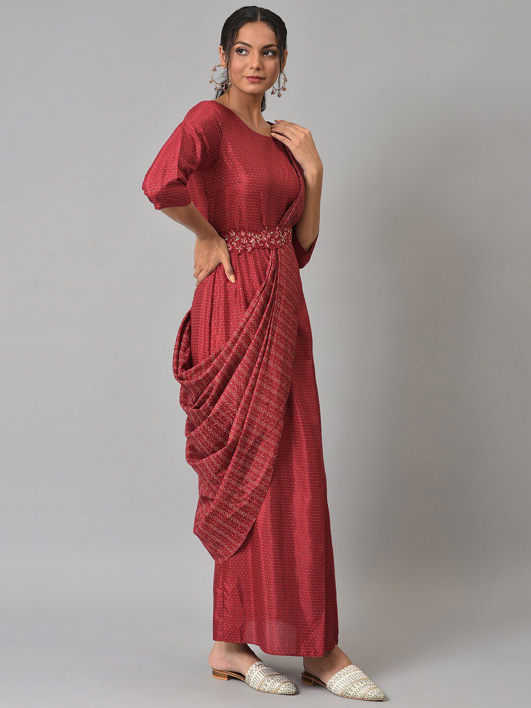 W Satin Maxi Insta Saree Dress with Embroidered Belt