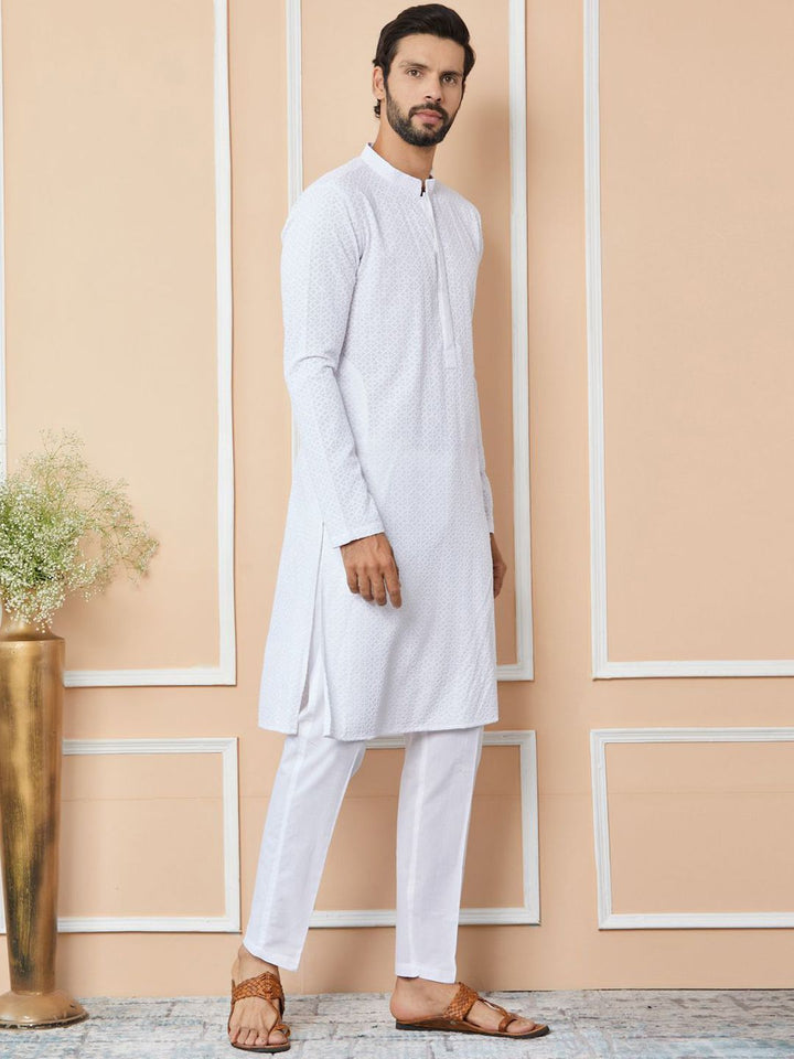 See Designs Mandarin Collar Long Sleeves Geometric Thread Work Pure Cotton Straight Kurta
