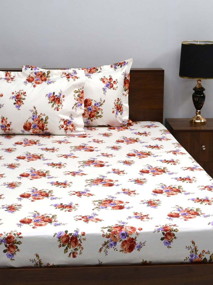 BOMBAY DYEING Rust & White Floral Pure Cotton 164 TC Queen Bedsheet With 2 Pillow Covers