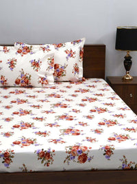 BOMBAY DYEING Rust & White Floral Pure Cotton 164 TC Queen Bedsheet With 2 Pillow Covers