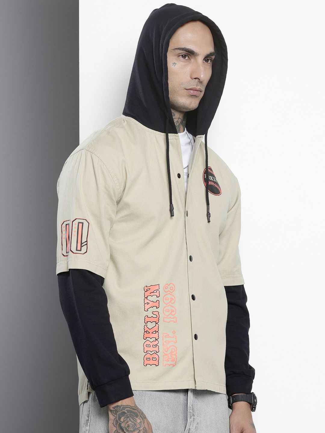 The Indian Garage Co Pure Cotton Doctor Sleeves Printed Hooded Relaxed Casual Shirt