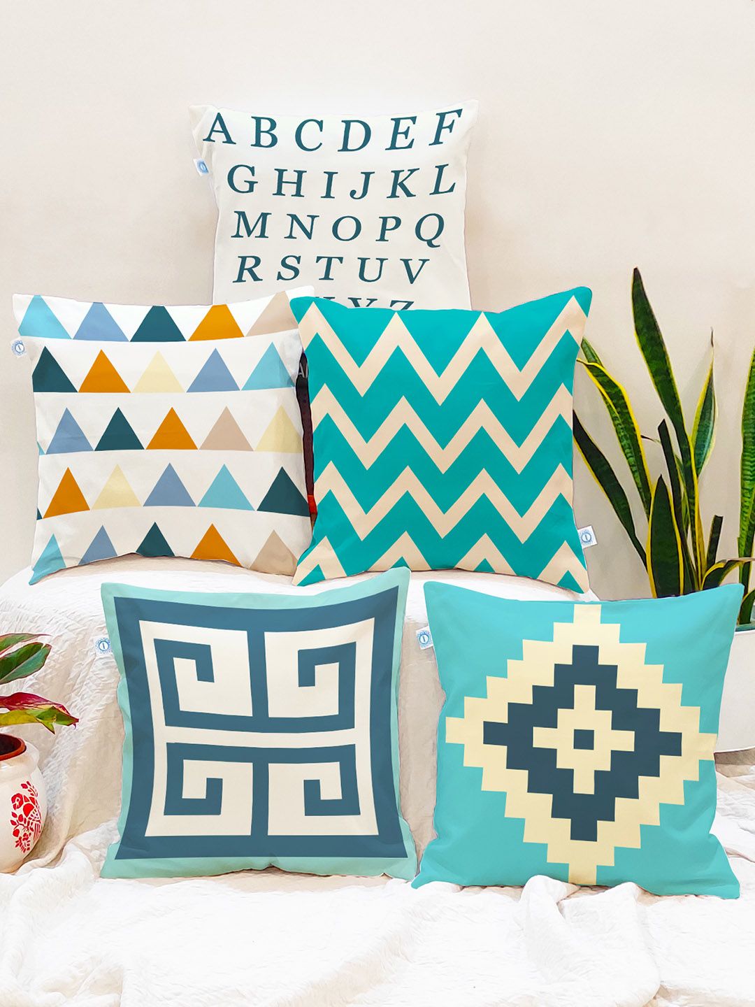 STITCHNEST Set Of 5 Blue & Yellow Geometric Square Cushion Covers