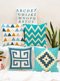 STITCHNEST Set Of 5 Blue & Yellow Geometric Square Cushion Covers