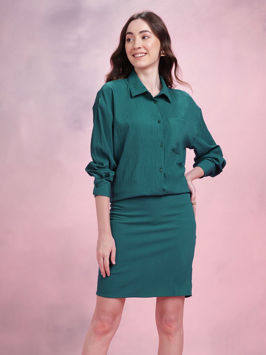 DressBerry Relaxed Fit Crinkled Shirt with Skirt Co-Ord Set
