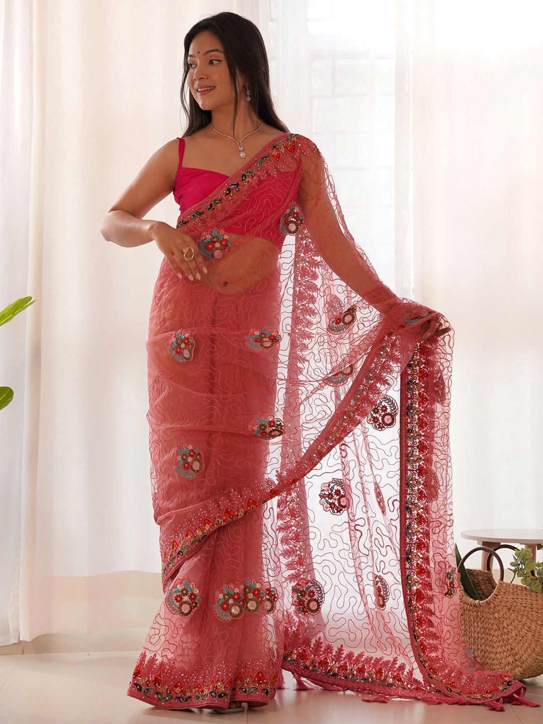 Saree mall Floral Embroidered Beads and Stones Net Sarees