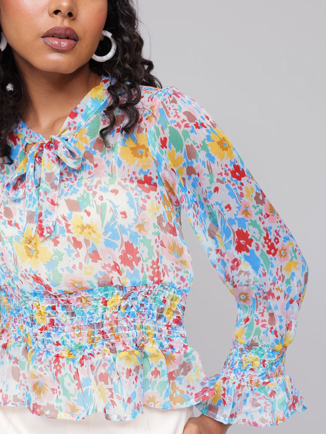 Dressberry Floral Fest Smocked Semi Sheer A-Line Top