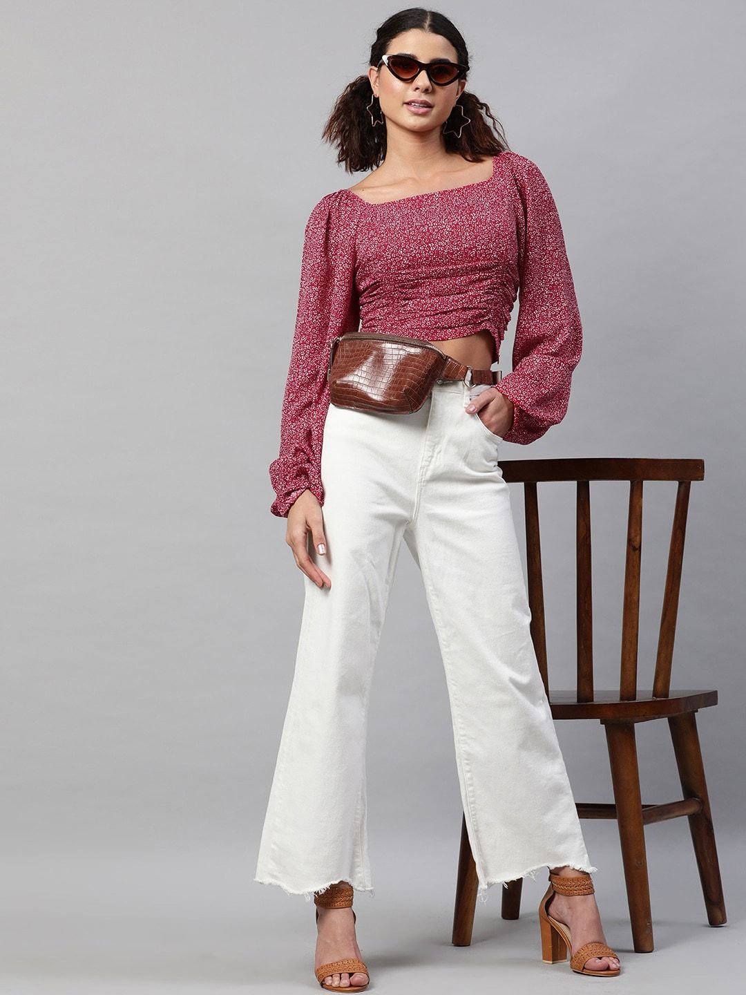 STREET 9 Maroon Floral Georgette Fitted Crop Top