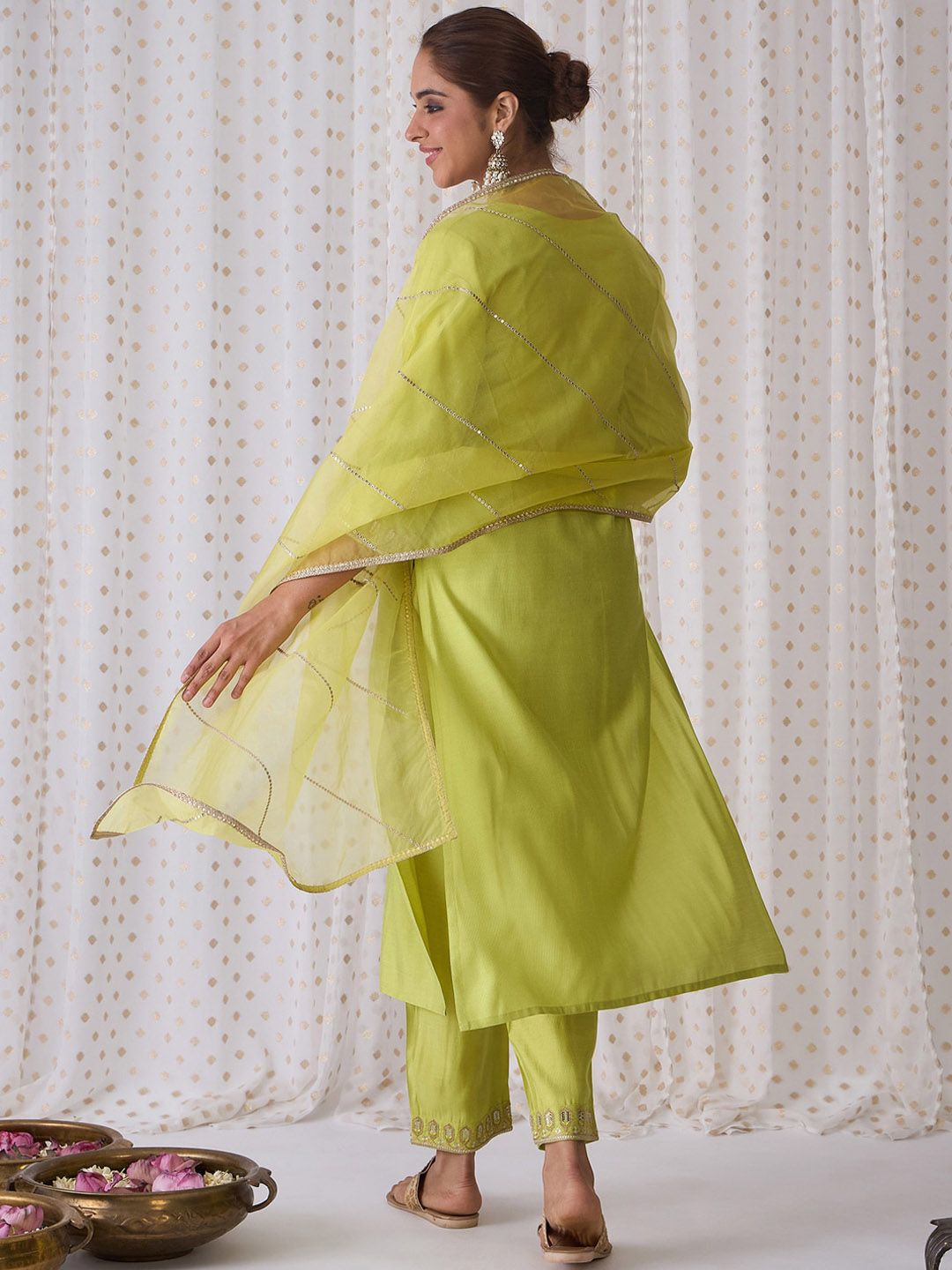 Indo Era Geometric Embroidered Round Neck Liva Straight Kurta with Trousers & Dupatta