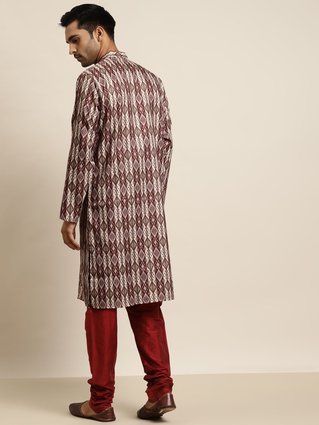SOJANYA Men Maroon & Brown Pure Cotton Geometric Printed Kurta