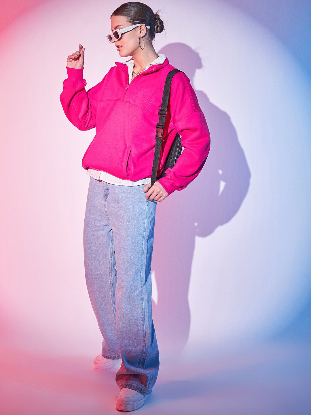 STREET 9 Fuchsia Typography Printed Mock Collar Pullover Fleece Sweatshirt