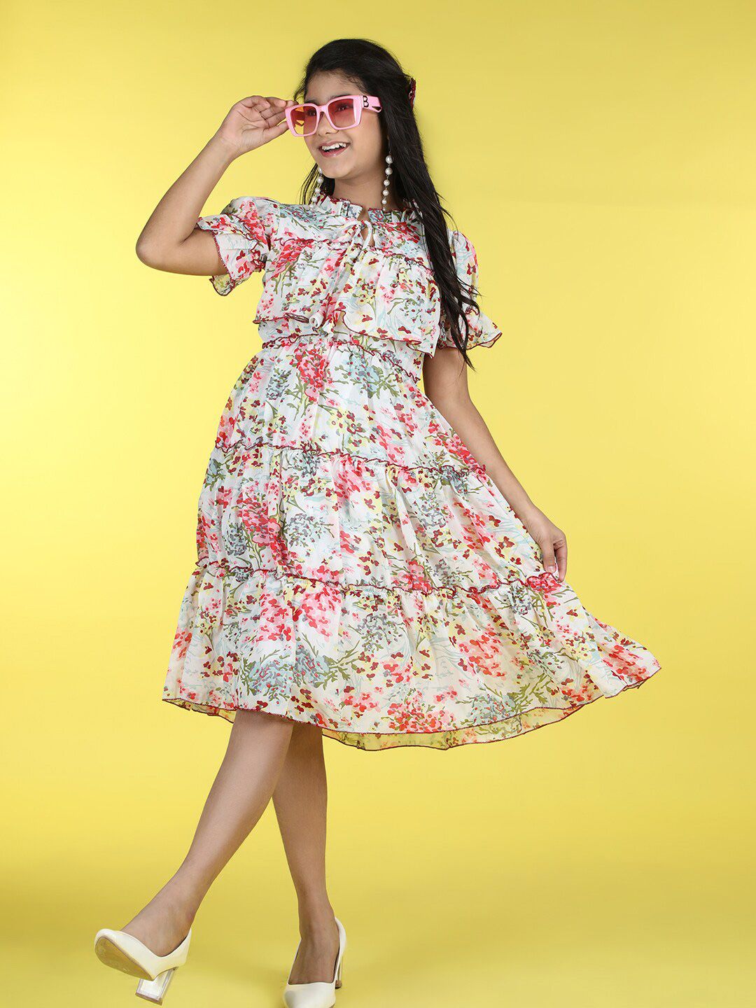 Cutiekins Girls Floral Print Ti Up Neck Georgette Fit & Flare Dress