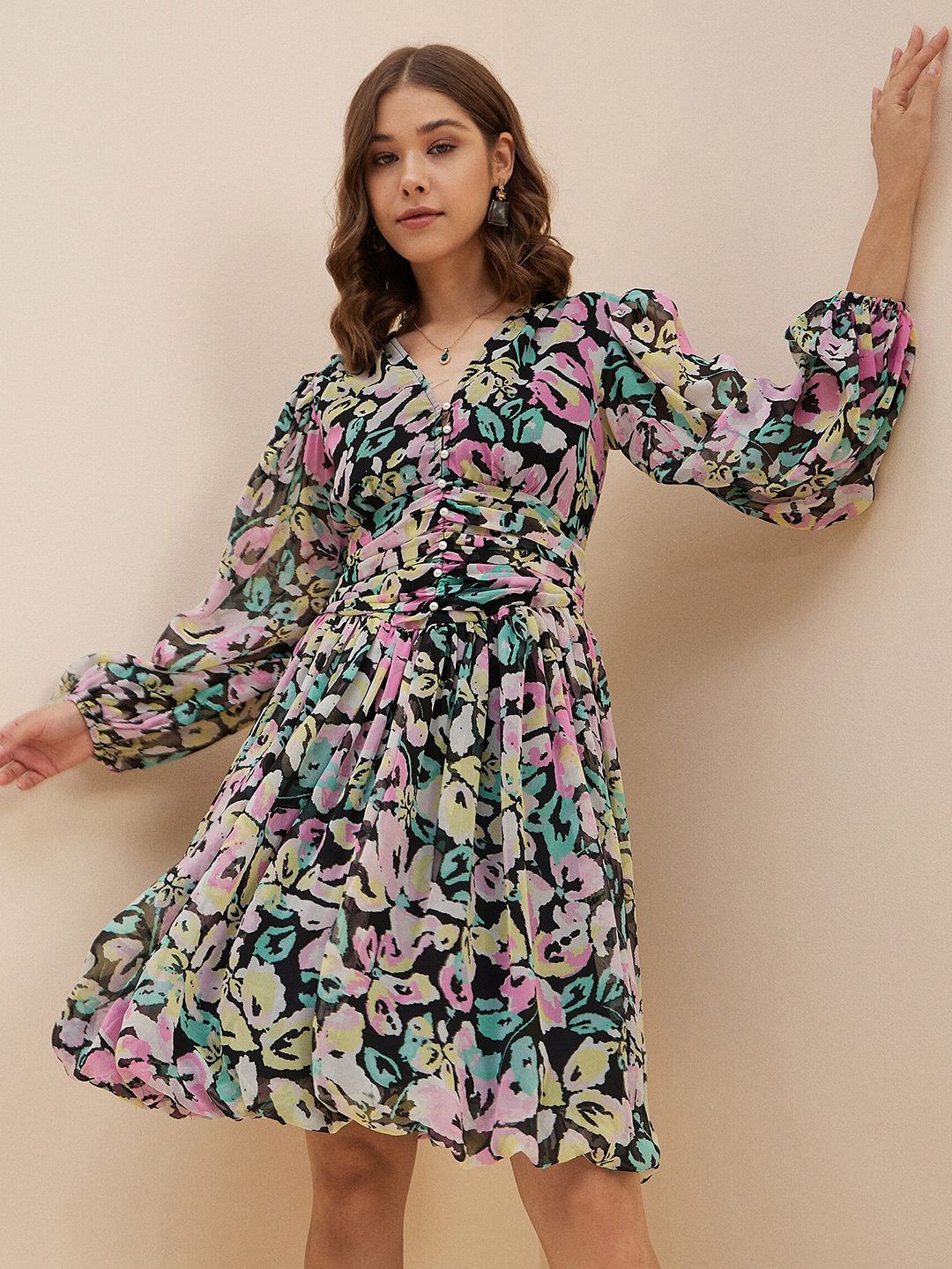 Antheaa Multicoloured Floral Print Chiffon Fit & Flare Dress