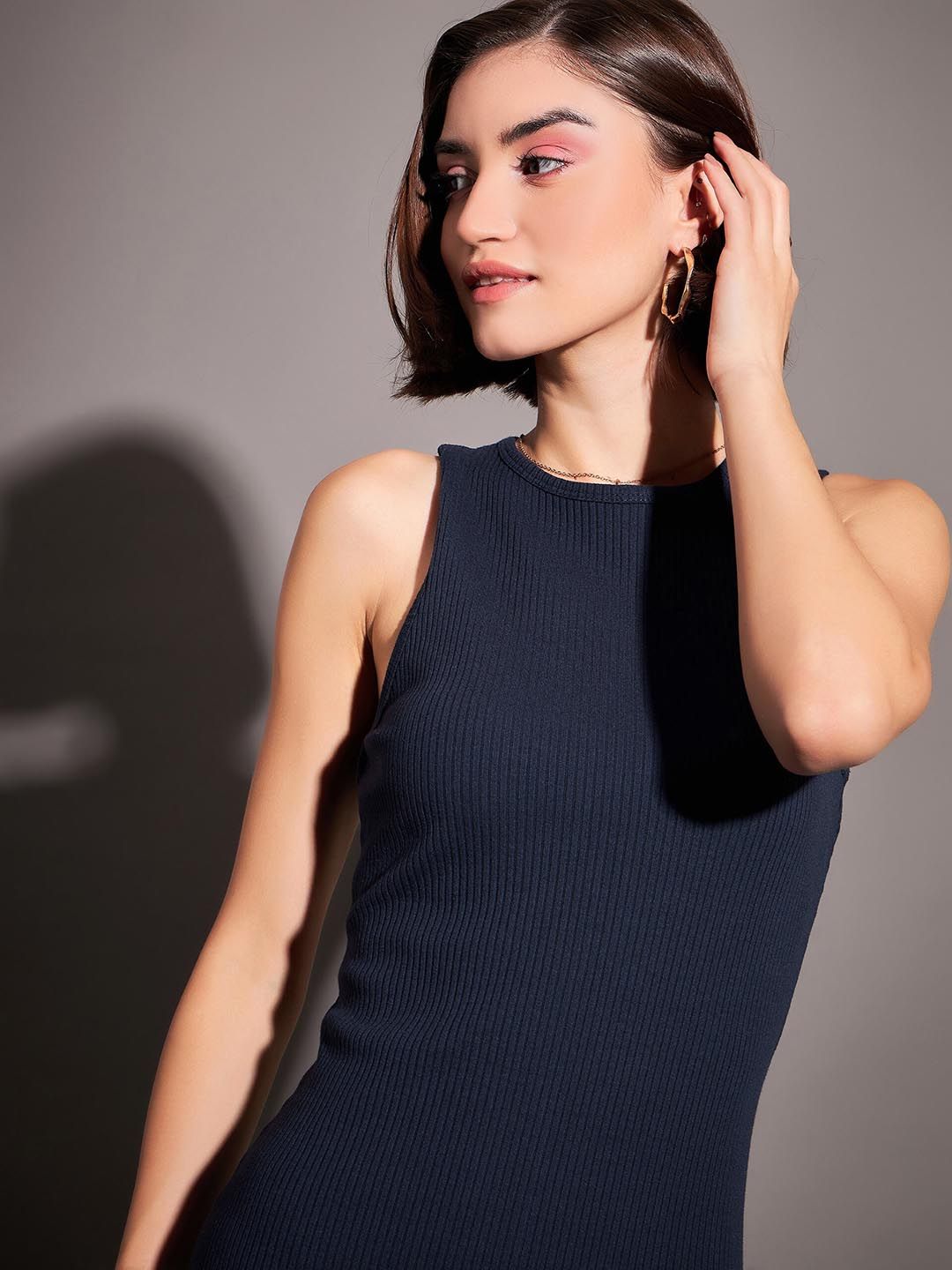 SASSAFRAS Navy Blue Ribbed Sheath Midi Dress