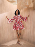 Pink Paprika by SASSAFRAS Floral Printed Flared Sleeve Cotton Smocked Fit & Flare Dress