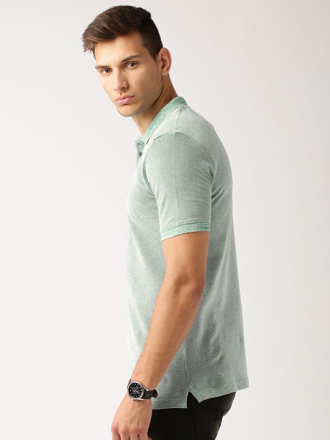 ether Men Green  White Self Design Slim Fit Polo Collar Pure Cotton T-shirt