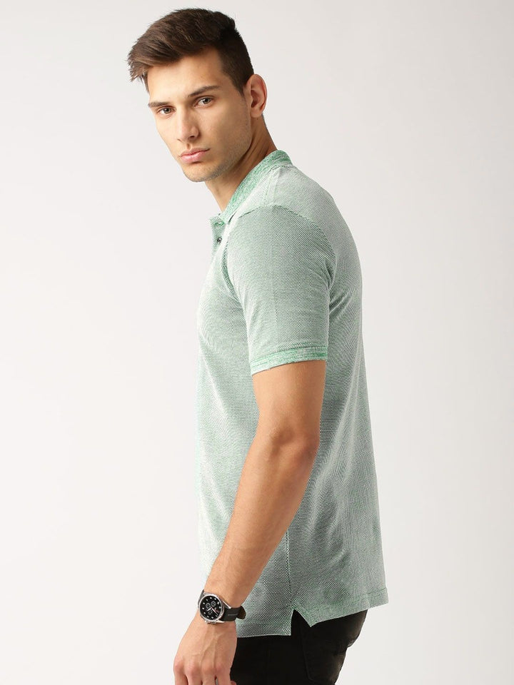 ether Men Green  White Self Design Slim Fit Polo Collar Pure Cotton T-shirt