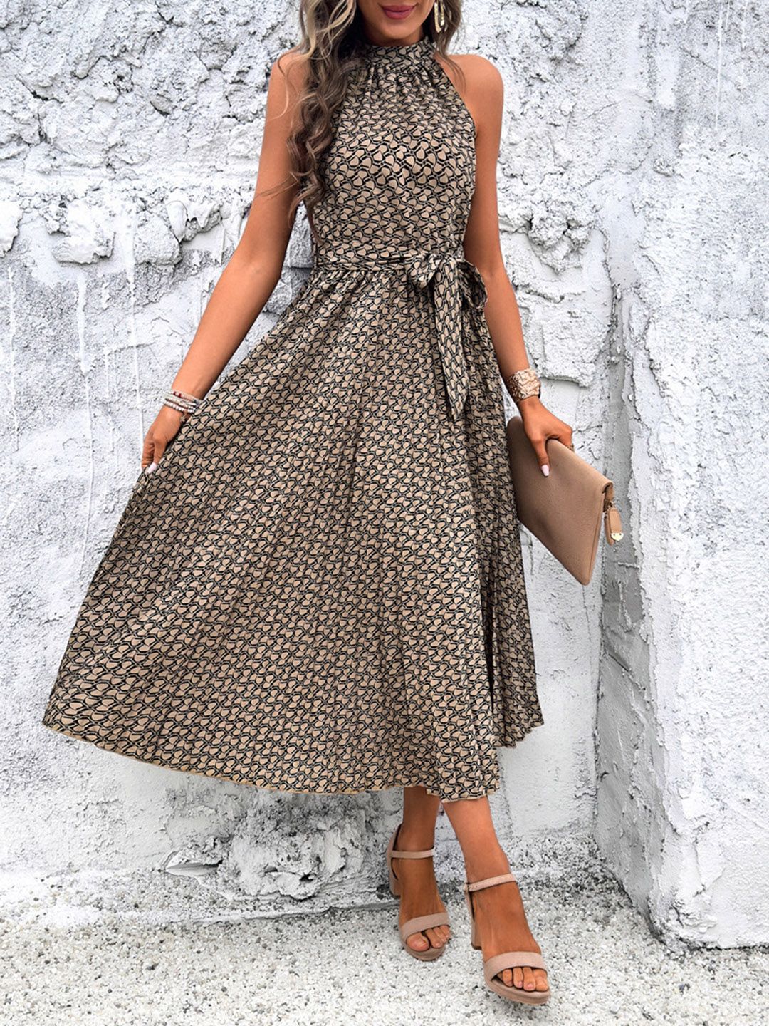 all about you Abstract Printed Halter Neck Fit & Flare Midi Dress
