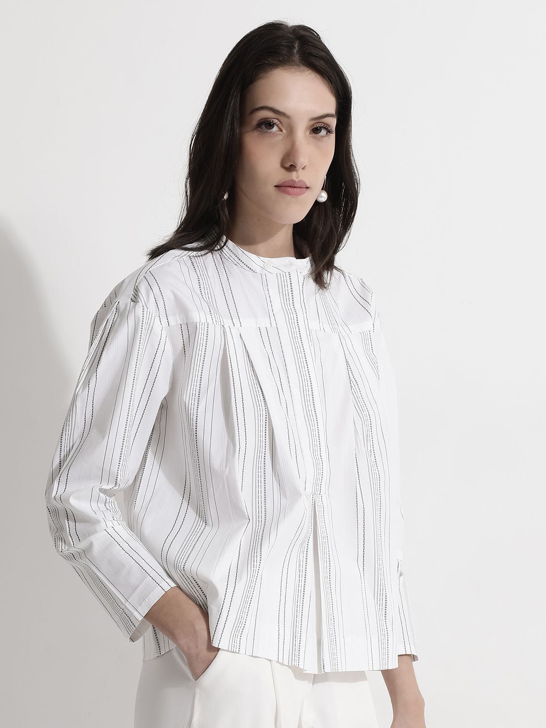 RAREISM Striped Mandarin Collar Cotton Boxy Top