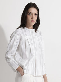 RAREISM Striped Mandarin Collar Cotton Boxy Top