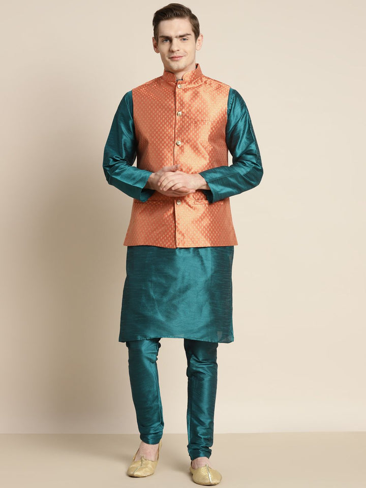 SOJANYA Men Teal Ethnic Motifs Kurta with Churidar